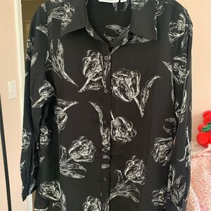 Susan Graver Women's M Black Floral Long Sleeve Blouse Casual Top